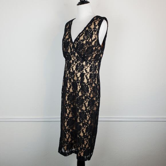 Newport News Dress Floral Lace Mesh Midi Cocktail Formal Romantic Black Cream - Picture 3 of 13